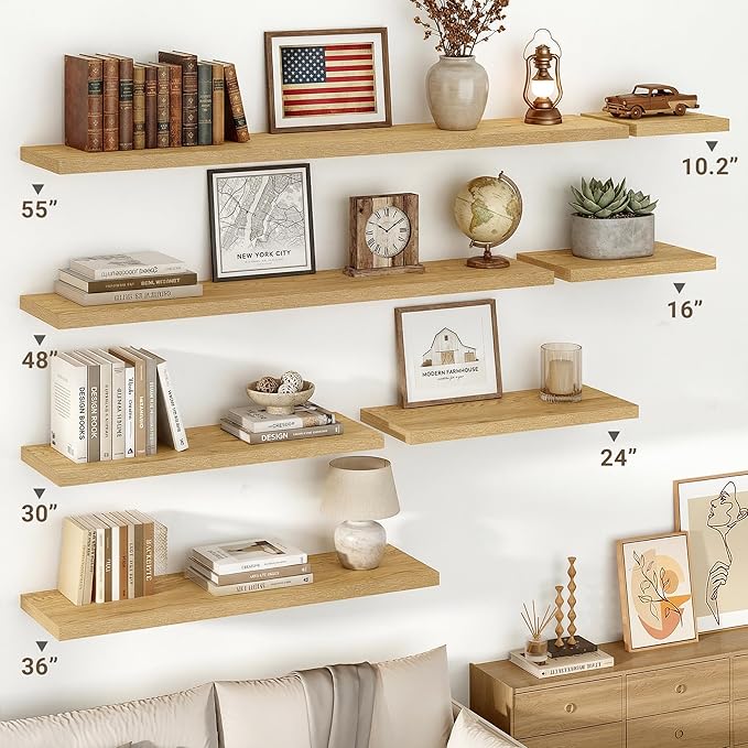 Vivelove 10" Deep Floating Shelves with Invisible Brackets, 47" Wall Shelves for Bathroom Bedroom Kitchen Living Room Laundry Room, Modern Rustic Shelves for Home Decor, 47.2"x10.2"x1.5"Set of 2, Oak