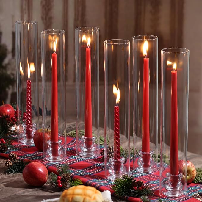 Volens Hurricane Glass Candle Holders- Set of 12 Candlestick Holders for Taper Candles with Windproof Cylinder Covers 14" Tall Clear Glass Chimney Cover for Wedding Table Centerpiece Fall Home Decor