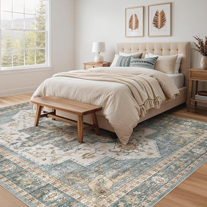 Tortania Area Rug Living Room Rugs - 10x12 Washable Boho Rug Vintage Oriental Distressed Farmhouse Large Thin Indoor Carpet for Living Room Bedroom Under Dining Table Home Office - Muted Teal