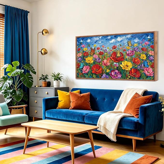 CHDITB 3D Floral Impasto Textured Poppy Framed Canvas Wall Art Set, Butterfly Wildflower Country Vibrant Spring Wall Decor, Bright Botanical Flower Art Prints for Bedroom Farmhouse Living Room 40"x20"