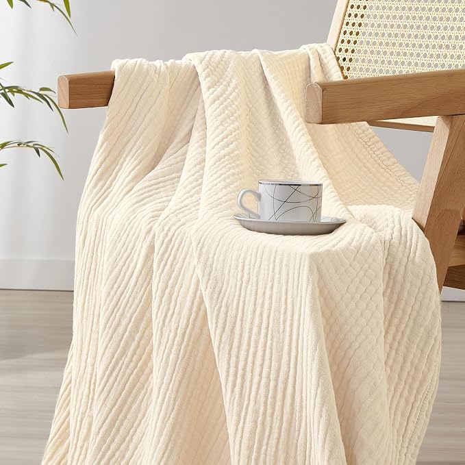 David's Home Soft Muslin Blanket Throw Size for Adults, 60% Rayon 40% Cotton, Breathable Lightweight Cooling Blanket for Hot Sleepers, 4-Layer Cozy Gauze for Bed, 50"x60", Natural/Birch