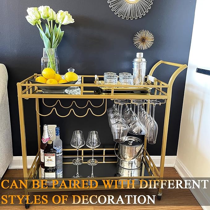 KAKO Gold Bar Cart, Gold Bar Cart with Wheels, Home Bar & Serving Carts with 2 Mirrored Shelves, Bar Carts for The Home, Kitchen, Dining Room, Dining Party