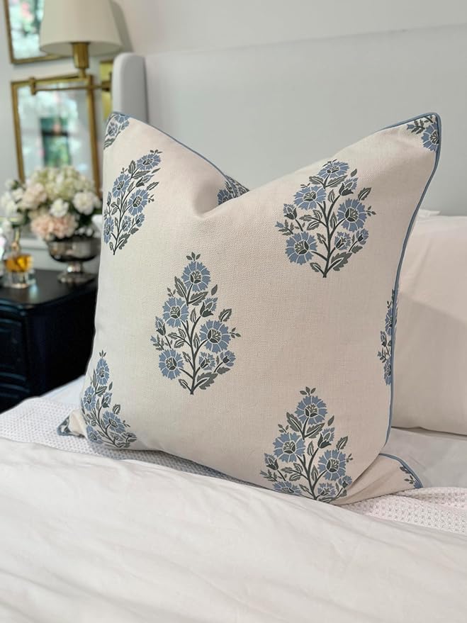 Jillien Harbor “The Camille” Decorative Pillow Cover – Blue & Whitel Floral Block Print Pillow Cover – Grandmillennial Home Decor, 24" x 24"