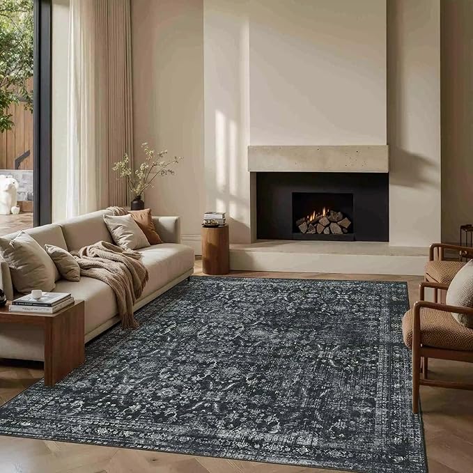 Rugxara 5x7 Area Rugs for Living Room Bedroom, Washable Rug, Black Vintage Floral Boho Rug, Non Slip & Low Pile Faux Wool Thin Carpet for Indoor Dining Room and Kids Room(Black 5x7ft)
