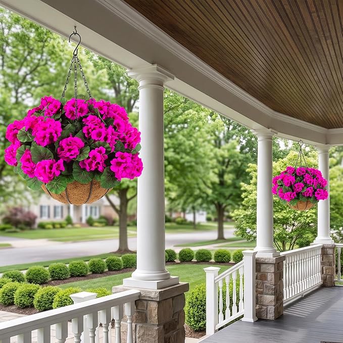 Hananona 2 Set Artificial Outdoor Geraniums Flowers with Hanging Basket, 2 Hanging Planters with 12 Pcs Red Geranium Flowers for Spring Summer Front Porch Garden Patio Home Decor (2, Rose Red)
