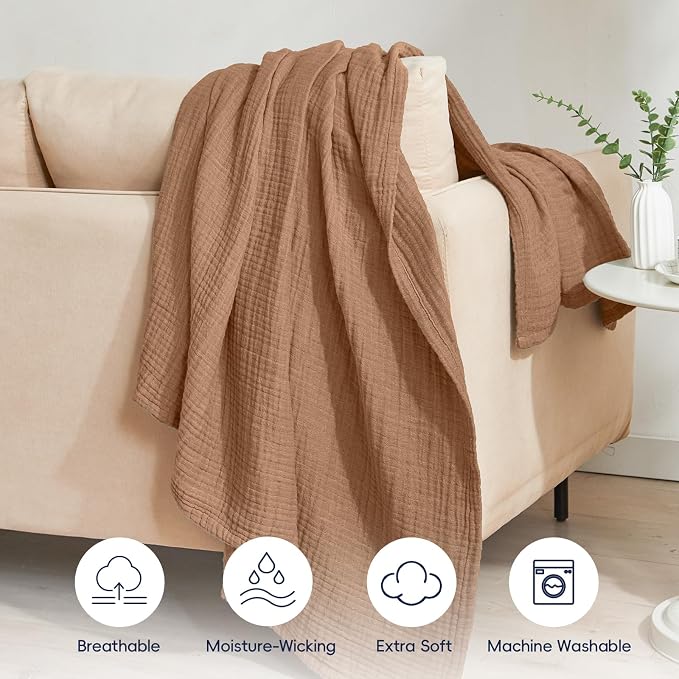 PHF 100% Cotton Muslin Blanket Twin XL Size 66"x90", 4-Layer Lightweight Gauze Throw, Breathable Cloud-Soft Minimalist Blanket for Bed, Couch, Camping & Baby, Clay, Ideal Gift