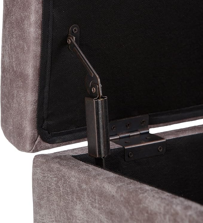 SIMPLIHOME Owen Coffee Table Storage Ottoman - 34" Wide x 19" High Upholstered Vegan Leather Rectangular Lift-Top Ottoman in Distressed Grey Taupe, Mid-Century Modern Bench with Tapered Legs