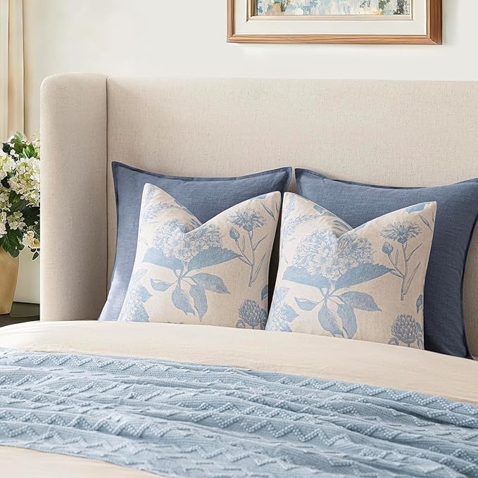Foindtower Set of 2 Linen Floral Vintage Throw Pillow Covers Neutral Accent Decorative Cozy Cushion Covers Farmhouse Boho Home Decor for Sofa Chair Couch Bedroom Living Room,22×22 Inch,Sky Blue