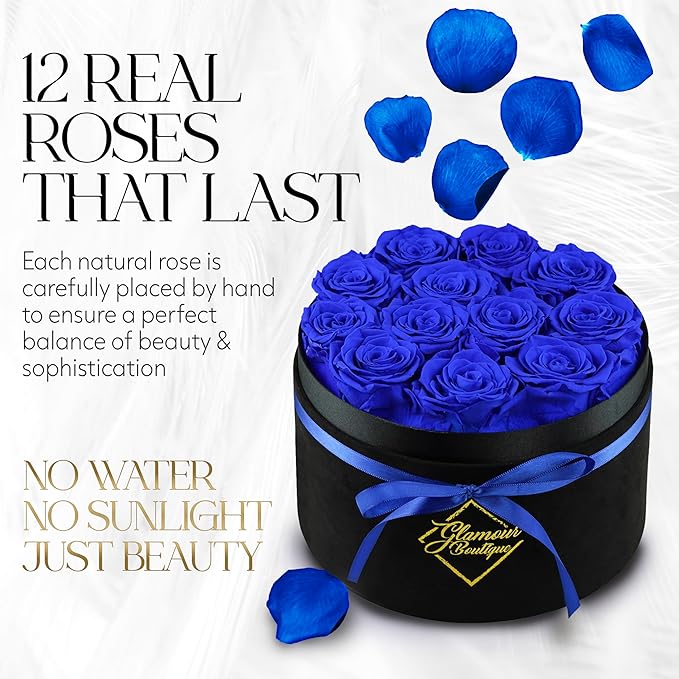 GLAMOUR BOUTIQUE Flowers Forever Gift Box, 12 Real Preserved Roses in Velvet Black Box, Floral Gift for Wife, Mom or Her for Birthday, Mother’s Day, Anniversary or Graduation, Blue (Color-Treated)