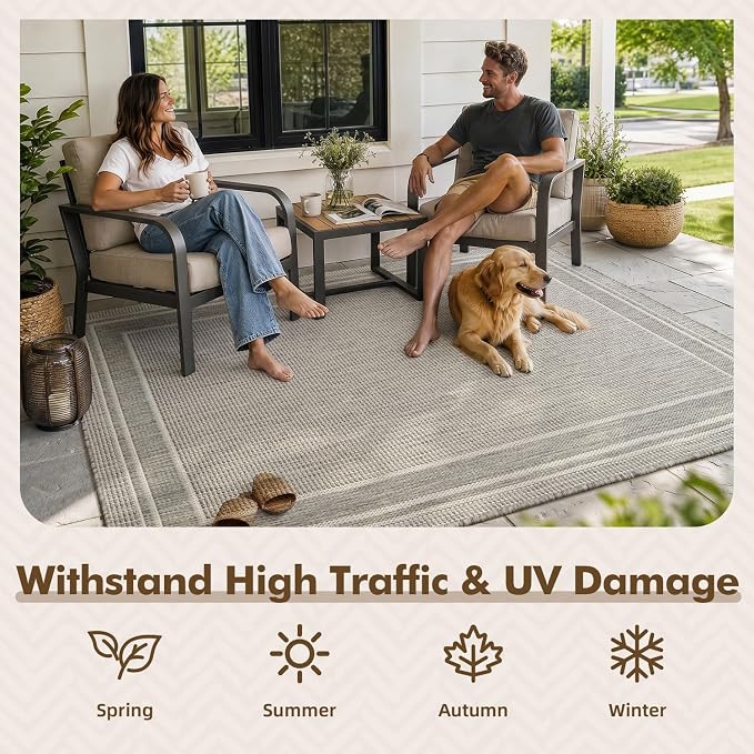 MontVoo-Outdoor Rug-Patio Rug 4x6 ft Polypropylene Indoor Outdoor Rugs Outdoor Carpet for Patio Deck Balcony Porch, Textured Weave, Durable for High Traffic, Fade-Resistant, Modern Silver Grey