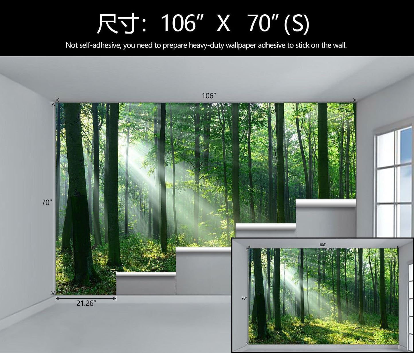 WFBHUA-Green Woodland Wallpaper Mural Foggy Forest Tree Wallpaper Nature Landscape Wall Murals for Bathroom Living Room (Not Peel and Stick)
