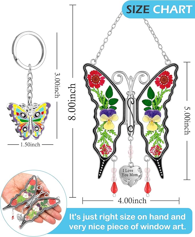 KY&BOSAM Gifts for Mom I Love You Mom Butterfly Suncatcher Stained Glass Window Hanging Wind Chime with Pressed Real Flowers Purple Butterfly Mother Gift for Women Mothers Day Christmas Birthday Decor