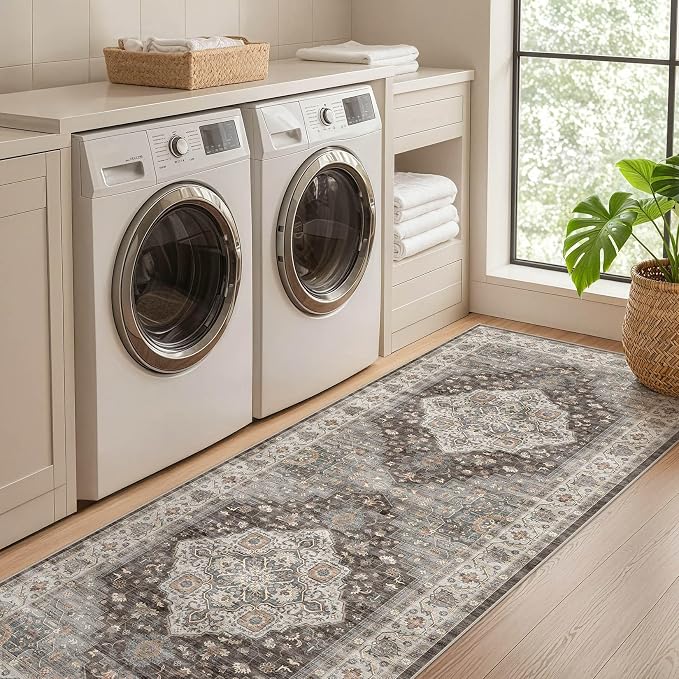 Runner Rug Kitchen Washable Rugs: 3x8 Non-Slip Boho Vintage Stain Resistant Indoor Neutral Farmhouse Throw Carpet for Hallway Bathroom Laundry Room Entryway Bedroom- Grey Brown