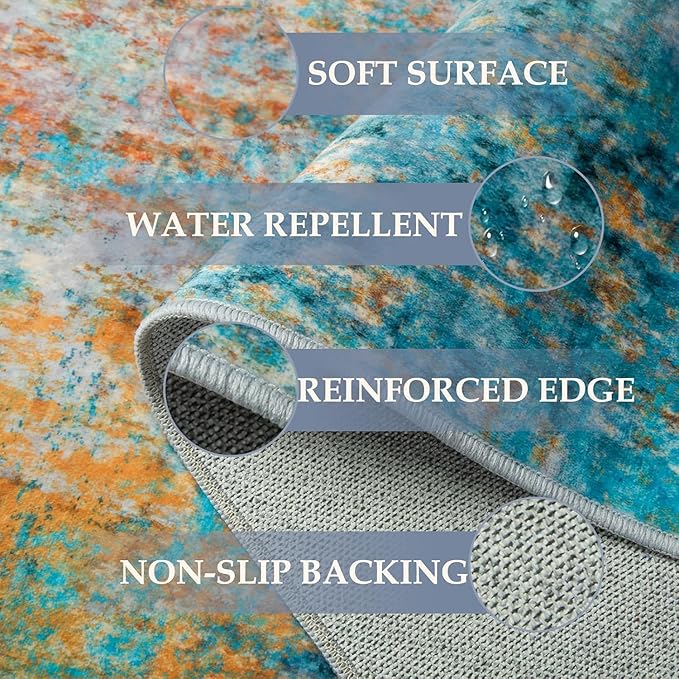RELEANY Washable Area Rugs 2'x3' Non-Slip Modern Abstract Soft for Living Room Entryway Bedroom Nursery, Print Pattern, Teal Blue Green Orange Rust Red Coloreful