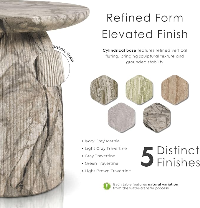 24/7 Shop at Home Ranera Modern 17-inch Natural Stone Side Table with Round Pedestal Base, Marble Nightstand, Fluted Patio End Table, for Living Room, Covered Outdoor Spaces, Ivory Gray Marble