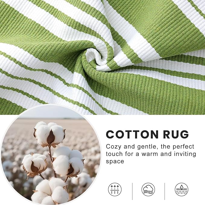 OLANLY Green and White Classic Striped Rug 2' x 4'3" (24" x 51") – Washable Cotton Indoor Outdoor Doormat for Front Door, Entryway, Kitchen, Porch, Patio Decor