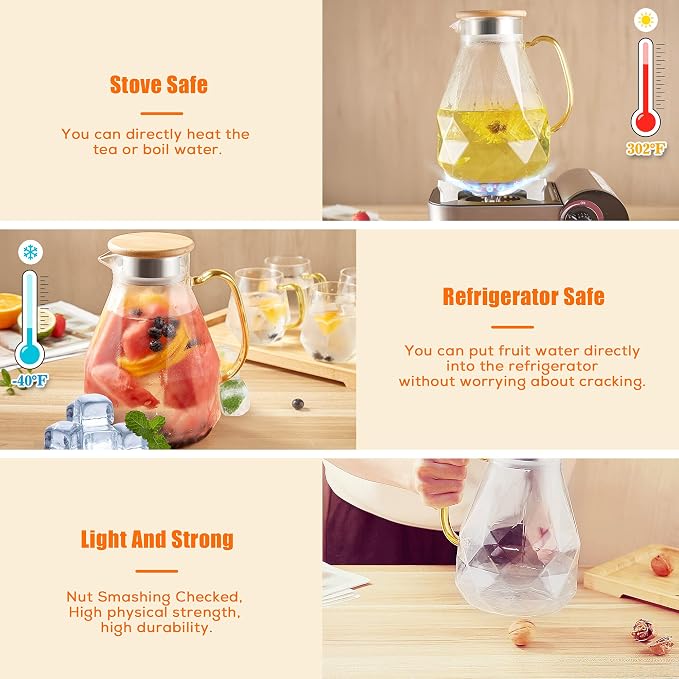 DUJUST 2 Litre Water Jug, Modern Diamond Design Glass Jug with Lid and Handle, High Durability Water Jug for Fruit Infuser Ice Tea, Hot Coffee, Milk
