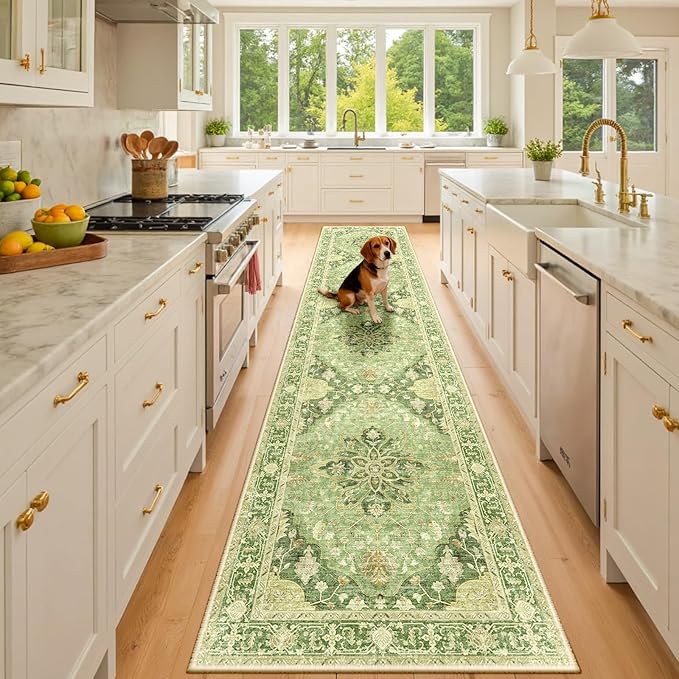 RELEANY Area Rugs 2'x10' Runner Rug Non Slip Washable for Kitchen Hallway Bedroom Beside Laundry Room Bathroom Rug, Floor Carpet, Sage Green Yellow