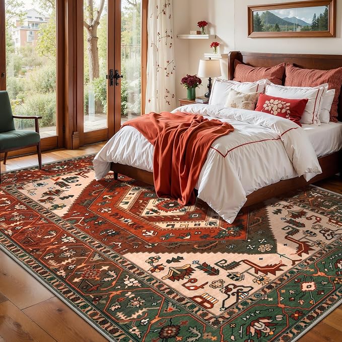 SERISSA 6x9 Area Rugs for Living Room, Large Washable Non-Slip Boho Rug, Ultra Soft Vintage Terracotta Green Oriental Tribal Print Distressed Carpet for Dining Room Bedroom Dorm Office Home Decor