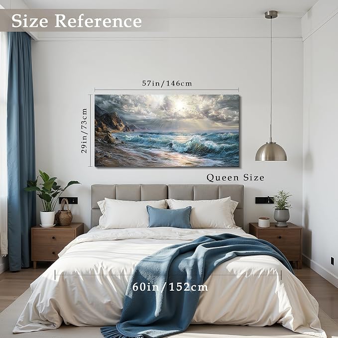 imjiayu Extra Large Wall Art, Beach Wall Art, Coastal Wall Decor, Ocean Wave Pictures Artwork, Modern Seascape Prints, Nature Big Paintings for Living Room Bedroom Dining Room Home Office Hotel 29"x57"