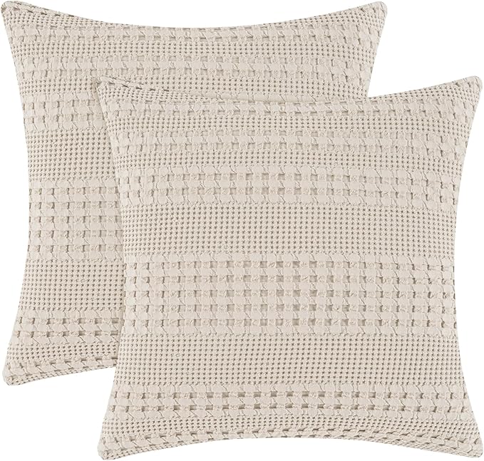 PHF 100% Cotton Waffle Weave Euro Sham Covers, 2 Pack 26" x 26" Bed Pillow Covers for Elegant Home Decor, No Filling, Luxury Aesthetic Soft Euro Pillow Cases for Bed, Oatmeal