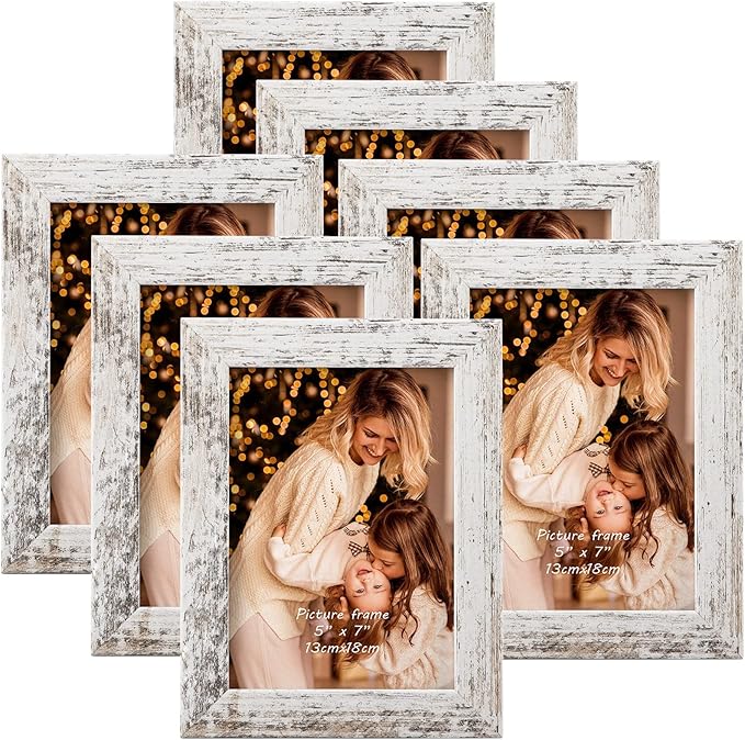 PETAFLOP 5x7 Picture Frame Set of 7, Distressd Rustic Frames Display 5 by 7 Inch Photo for Wall or Tabletop