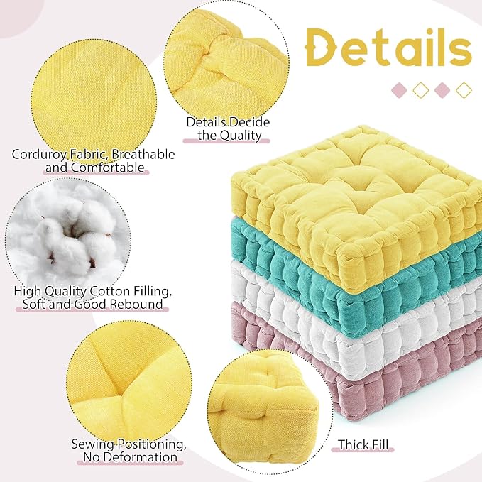 Jerify 4 Pcs Floor Pillow Cushions Large Round Square Large Meditation Floor Pillow for Classroom Adult Meditation Picnic Party Seating Learning Daycare School (Square 20 x 20,Mixed Pink)