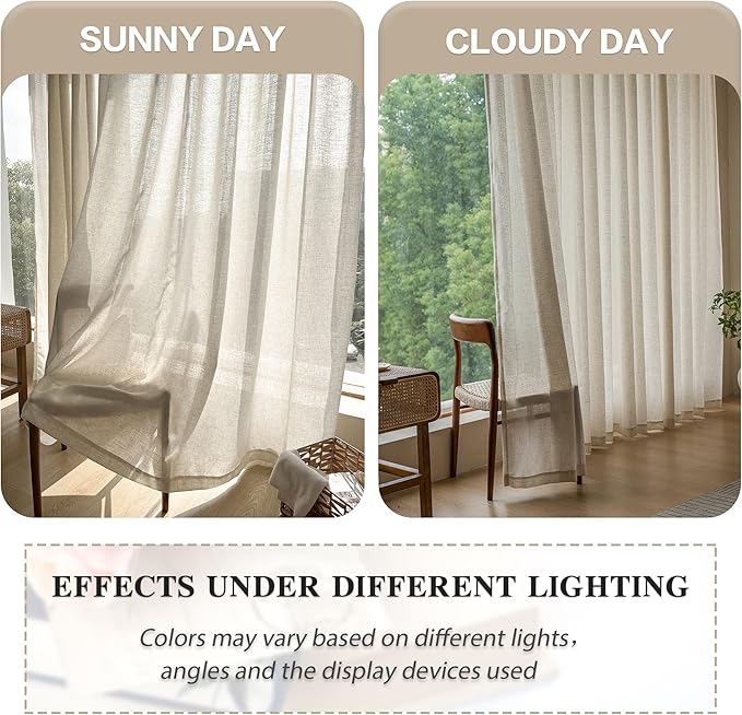 MAIHER Faux Linen Pinch Pleated Curtains 96 Inches Long, Light Filtering and Privacy Protection, Semi Sheer Patio Door Drapes for Living Room, Easy Hanging Via Hooks (Linen, 1 Panel, 54 W x 96 L)