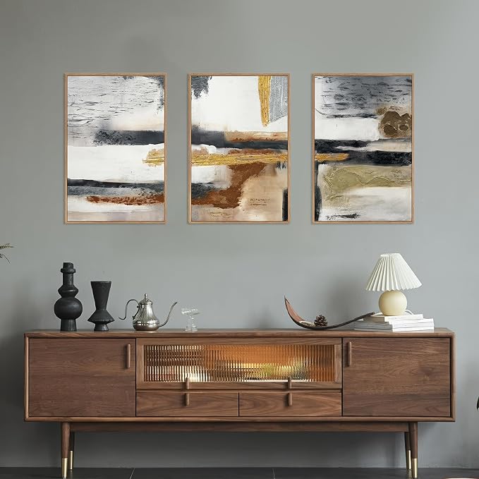 Modern Abstract Framed Canvas Wall Art Set, Neutral Textured Wall Decor, Boho Minimalist Gold and Gray Wall Painting for Living Room, Bedroom, Dining Room, Office - 24" x36" x3