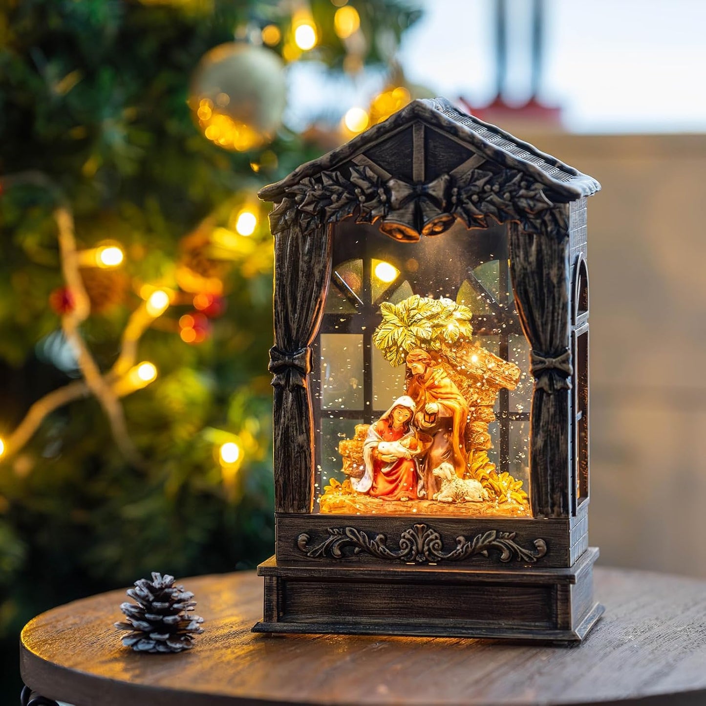 Christmas Snow Globe Swirling Glittering Holy Family Manger Scene, USB Lined/Battery Operated Lighted Water Lantern for Christmas Festival Decoration Gifts