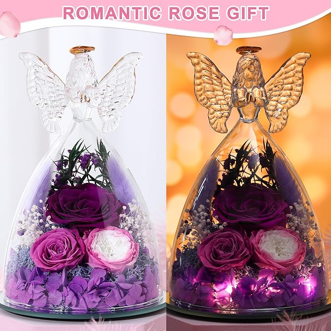 Mothers Day Rose Gifts for Women Preserved Real Flower in Glass Angel Figurines Roses for Delivery Prime Birthday Gifts for Mom Grandma Girlfriend Wife Her, Purple Austin Roses