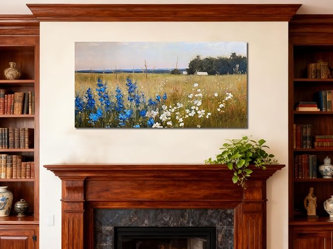 Ardemy Textured Vintage Countryside Canvas Wall Art - 40"x20" Large Framed Flower Field Painting, Serene Blue & White Wildflower Landscape Artwork for Living Room Bedroom Home Office Dining Room Decor
