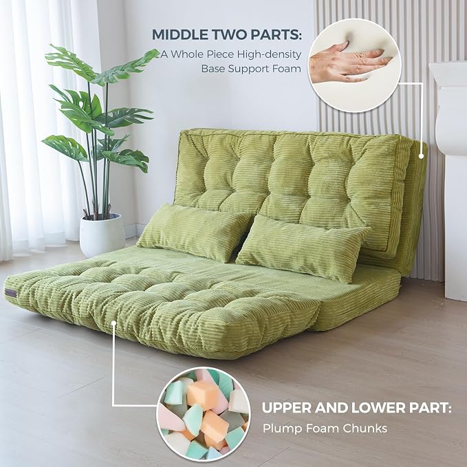 MAXYOYO Folding Sofa Bed, Tufted Bean Bag Bed with Pillows Floor Couch for Adults, Extra Thick and Long Floor Sofa, Full Floor Couch Bed for Bedroom Living Room, Green, 54x91 Inch