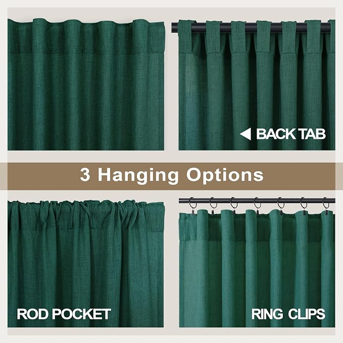 Dark Green Curtains 84 Inch Length for Bedroom 2 Panels Back Tab Pocket Hunter Green Drape Light Filtering Semi Sheer Linen Forest Emerald Green Curtain for Living Room Boho Christmas Decor 52x84 Long