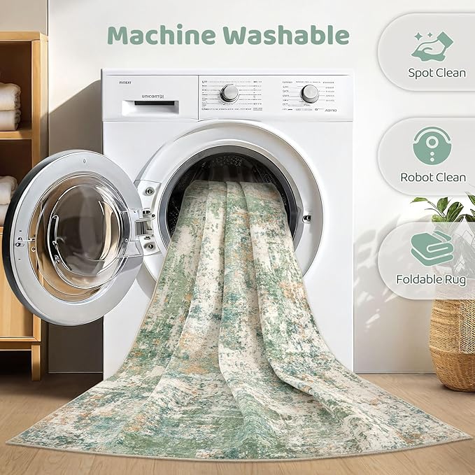 Runner Rug Kitchen Washable Rugs: 2x5 Non-Slip Abstract Soft Modern Stain Resistant Indoor Floor Neutral Accent Throw Carpet for Hallway Bathroom Laundry Room Entryway Bedroom- Green
