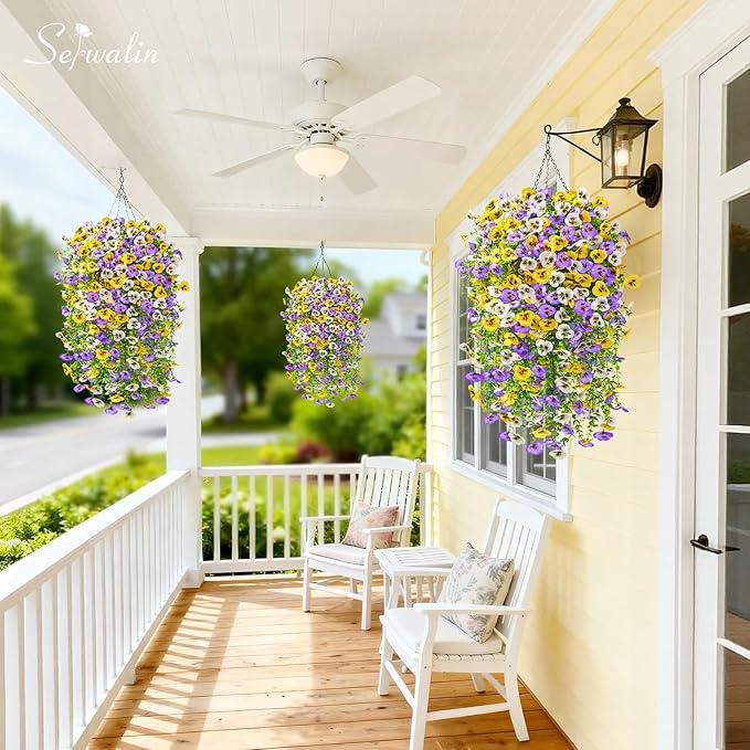 Serwalin Artificial Fake Hanging Flowers for Outdoors Planters,12PCS UV Resistant Faux Pansy Spring Flowers for Outside Porch Patio Garden Window Box (Yellow Purple White)