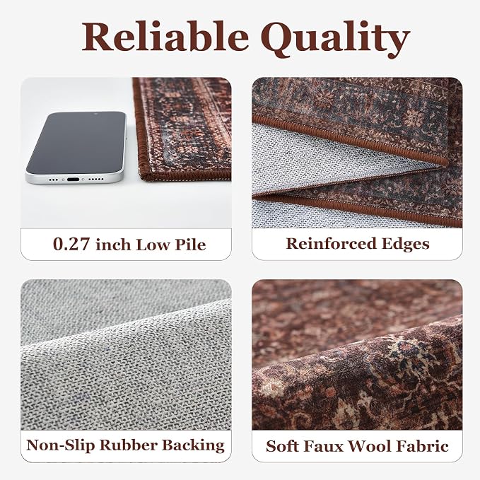 Brick Red 2x3 Entryway Rug, Vintage Earthy Front Door Mat Indoor Entrance, Low Pile Thin Kitchen Rugs Washable Non-Slip, Aesthetic Moody Small Area Rugs for Entry Way Bedroom Bathroom