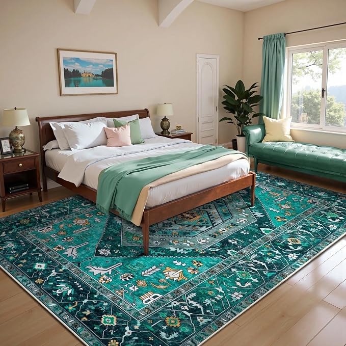 SERISSA Washable Rugs 6x9 Area Rugs, Large Non-Slip Boho Living Room Teal Rug, Ultra Soft Vintage Print Distressed Oriental Tribal Farmhouse Carpet for Dining Room Bedroom Dorm Office Home Decor