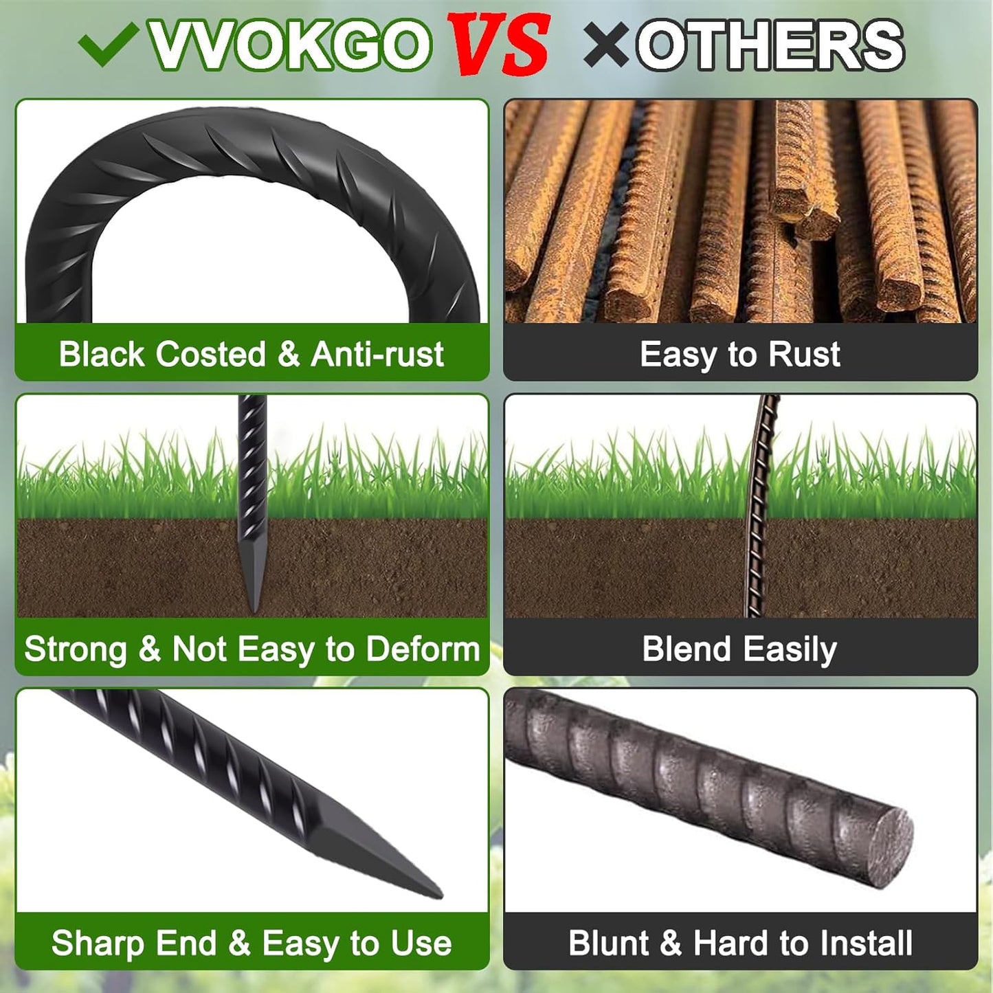 VVOKGO Rebar Stakes 12 Inches J Hook Heavy Duty Chain Link Fence Stakes, 16 Pcs Metal Long Tent Spikes Ground Anchors for Wire Fencing, Dogs Digging, Camping Tents, Swings, Greenhouse, Black