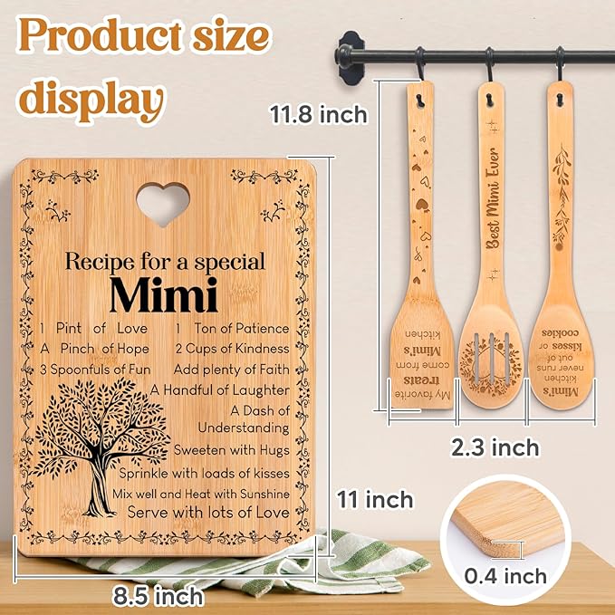 Mimi Gifts - "Recipe for a Special Mimi" Gift for Mimi Cutting Board Set, Bamboo-Made Engraved Utensil Set Best Mimi Ever Presents Cutting Board, Mothers Day Gifts for Mimi.