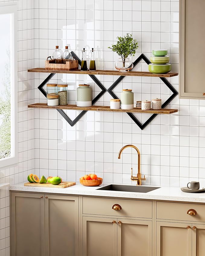 CHOEZON Floating Shelves, Set of 2 Wall Shelves, 2-Tier Hanging Shelves, Wall Shelf Set of 2, Wall Mounted Shelves, for Living Room, Bedroom, Kitchen, Office, Study, Rustic Brown TBJ01P2BF