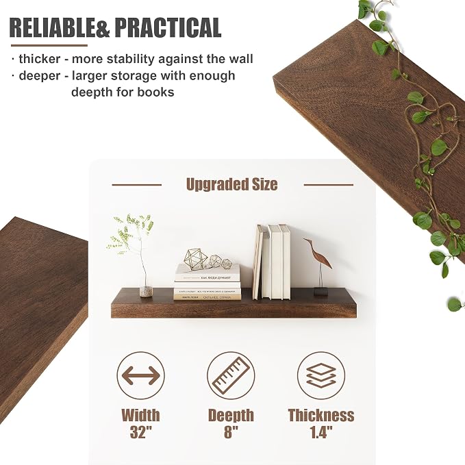 Floating Shelves for Wall, USA-Sourced Walnut Wood 32 Inch Wall Shelves Set of 2, Natural Wooden Mounted Picture Ledge Shelf, Nursery Book Storage Shelf Kids Bookshelf Display, Shelf for Bathroom