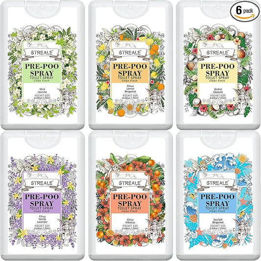 Travel Size Toilet Spray 6-Pack, Travel Essentials Toiletries, Pocket Size Pre-Poo Spray, Bathroom Odor Deodorizer, Up to 240 Uses, 6 Refreshing Scents