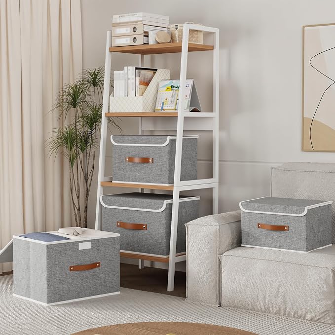 Yawinhe Collapsible Storage Boxes, Foldable Bin with Lids, Cube Clothes Organizer Basket with Handles, Grey, 13.0''Lx9.0''Wx7.9''H, 7-Pack, SNK024GS-7