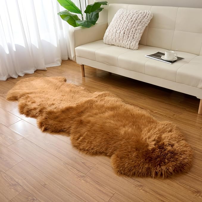 Premium Genuine Sheepskin Area Ruge - Real Wool Fur Shaggy Carpet | Fluffy Soft Natural Lambskin Rug Seat Chair Covers for Couch Sofa Bedroom Living Room(Brown,2×6 Feet Sheepskin)