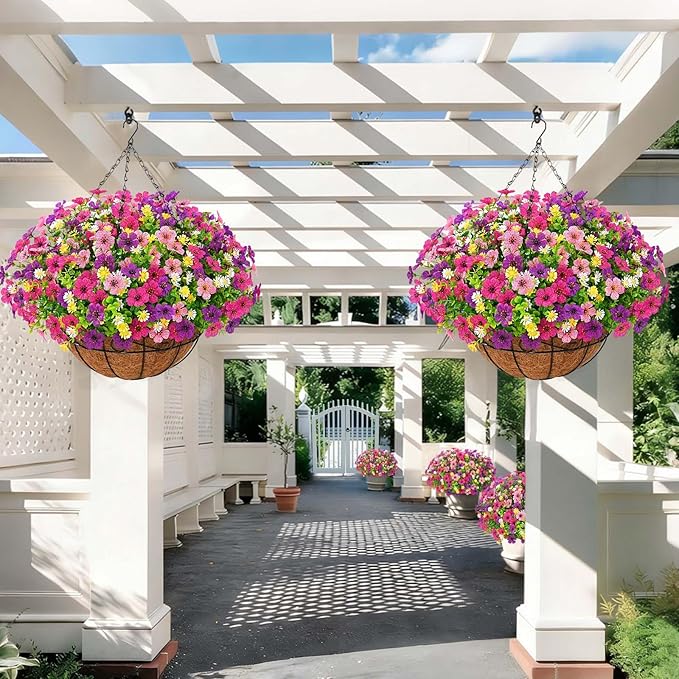 Artificial Hanging Flowers for Outdoors, Fake Hanging Plants with 12" Baskets, 12 Pcs UV Resistant Artificial Hanging Flowers for Decoration Outdoors Garden Patio Porch Yard Spring Summer Decor
