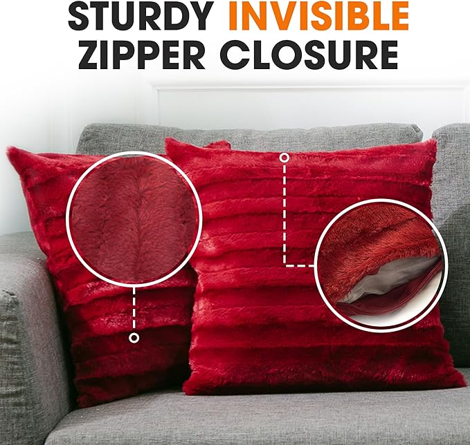 Cheer Collection Faux Fur Throw Pillows - Decorative Pillows for Couch, Bed Throw Pillows, Maroon Accent Pillows for Bedroom or Living Room Aesthetic, Set of 2 Furry Throw Pillows, 20" x 20"