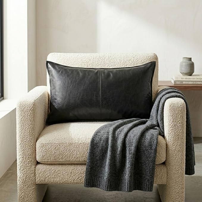 Genuine Leather Pillow Cover Case for Lumbar Throw Couch Pillows - Modern Farmhouse Decorative Sofa Thick & Soft Cushion Covers (Black - Leather Front & Back, 12" x 20")