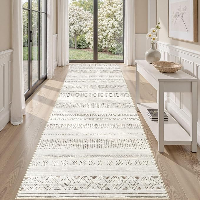 cotiled Hallway 3x12 Runner Rugs: Washable Boho Rugs with Non Slip Backing Large Soft Indoor Stain Resistant Carpet for Living Room Bedroom Farmhouse Dining Room Lightweight Home Decor L Brown/Cream