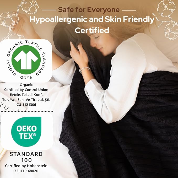 100% Organic Cotton Knit Blanket Denise -Soft and Lightweight, Breathable All-Season Throw for Bed, Sofa, or Lounge Area -GOTS Certified-Perfect for Home and Bedroom Styling (Black, 50x60)